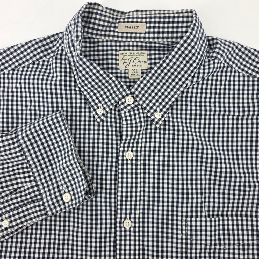 J.Crew Mens XL Secret Wash Organic Cotton Gingham Button Down Shirt Navy Blue